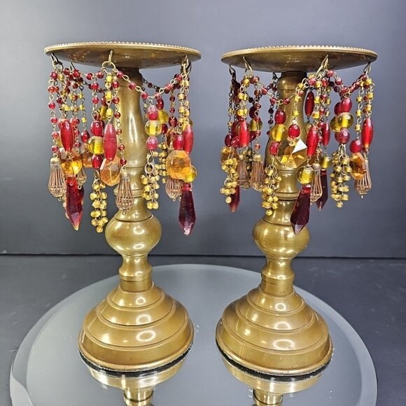Vintage Samaco Candle Holders Pillar With Beaded Dangles 9.5in Tall 4.5in Wide - Picture 10 of 12